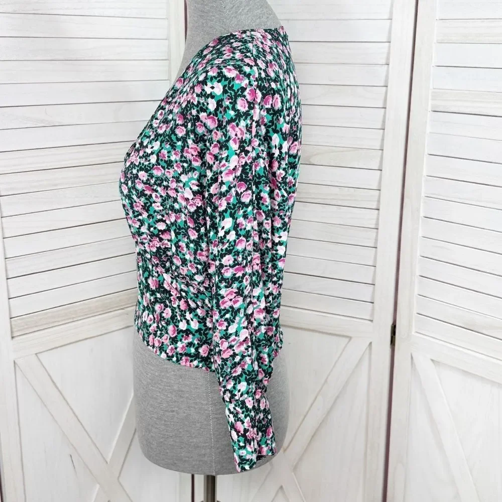 Zara Floral V-Neck Smocked Waist Crop Top Blouse Pink Green Medium‎